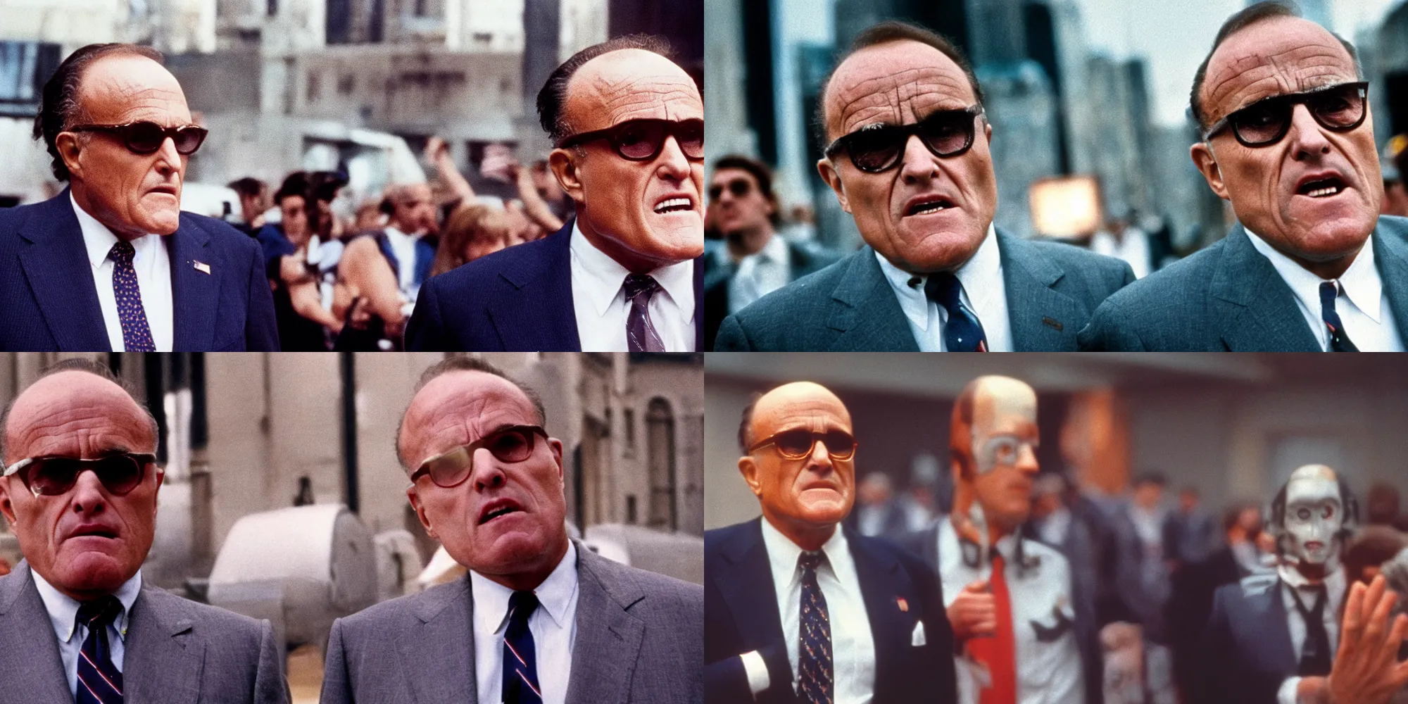 Prompt: rudy giuliani in terminator t - 9 0 0 directed by wes anderson, cinestill 8 0 0 t, 1 9 8 0 s movie still, film grain