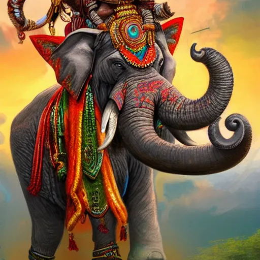 Image similar to lord shiva attaching an elephant head on a human subject, vivid and colorful, cinematic, highly detailed, artstation