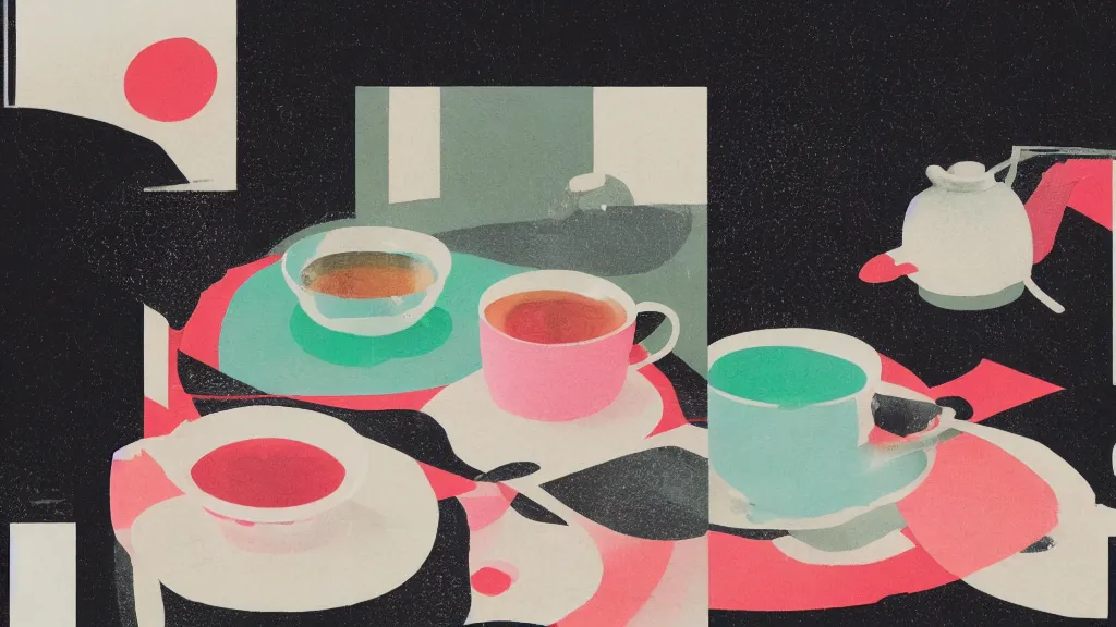 Image similar to a small tea setting, japan, a collage painting, in the style of wes anderson, lola dupre, david hockney, isolated on negative white space background dark monochrome neon spraypaint accents volumetric octane render