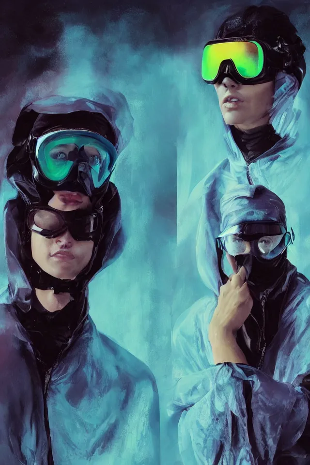 Prompt: digital fashion, androgynous person, tactical poncho latex rags, wearing goggles, techwear, iridiscent light, high key, cinematic lighting at night, neon, phil hale, boris vallejo, alberto mielgo, patrick o'keeffe