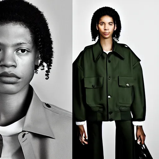 Image similar to realistic photoshooting for a new balenciaga lookbook color film photography portrait of a beautiful woman model wearing a workwear jacket, photo in style of tyler mitchell