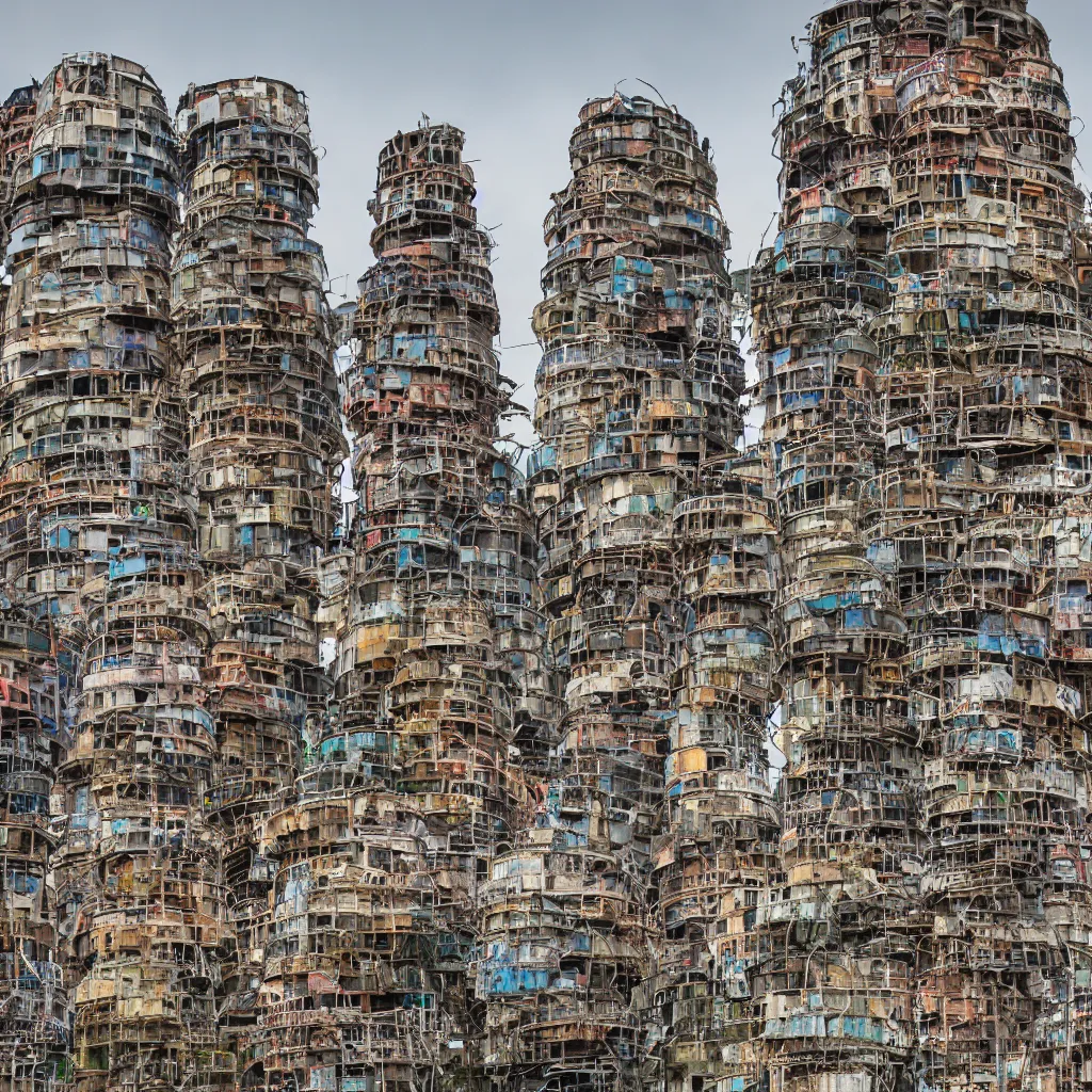 Prompt: circular towers, made up of makeshift squatter shacks with faded colours, dystopia, sony a 7 r 3, f 1 1, fully frontal view, photographed by jeanette hagglund and terry gilliam