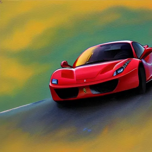 Image similar to ferrari, paint by bob ross