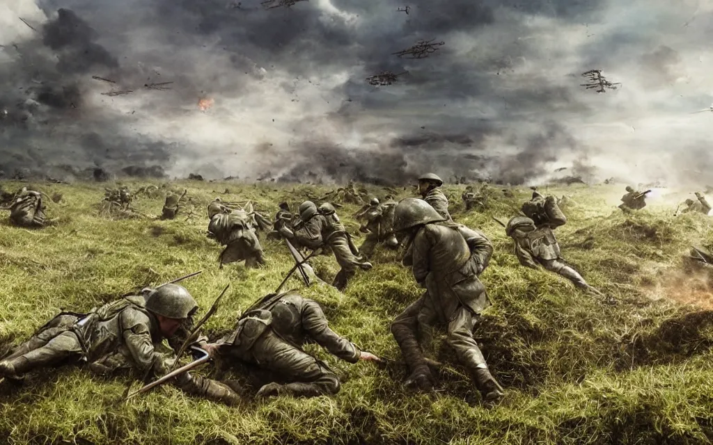 Prompt: fight ww 1, deep trenches with fortifications, natural landscape, green and blue tones, soldiers fighting against aliens from resistance game, realistic people, ground explosion in the background, alien mothership in the sky, hyper realistic, highly detailed, dramatic lighting, raytarced, god rays, 4 k, 8 k, art by artgem