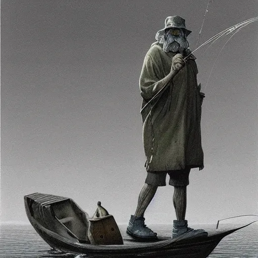 Prompt: retro dark vintage sci-fi, 2D matte illustration, old fisherman fishing, art by Szukalski, Beksinski