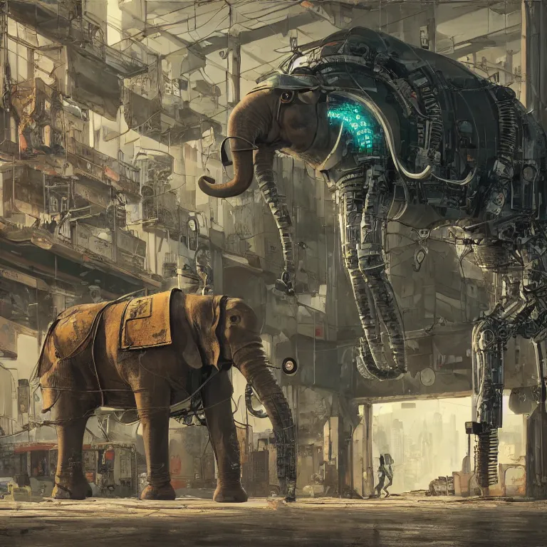 Image similar to a robotic elephant walking through an abandoned gas station in the style of howl's moving castle, 7 0's science fiction comics and enki bilal, cyberpunk, mystical, 8 k, high definition, realism, octane render, cinematic lighting