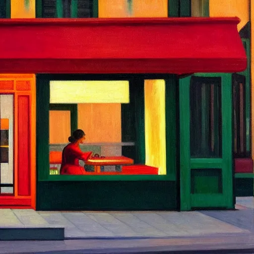 Image similar to a painting of a woman in front of a restaurant at night, in the style of Edward Hopper and Sandro Botticelli, 4k,