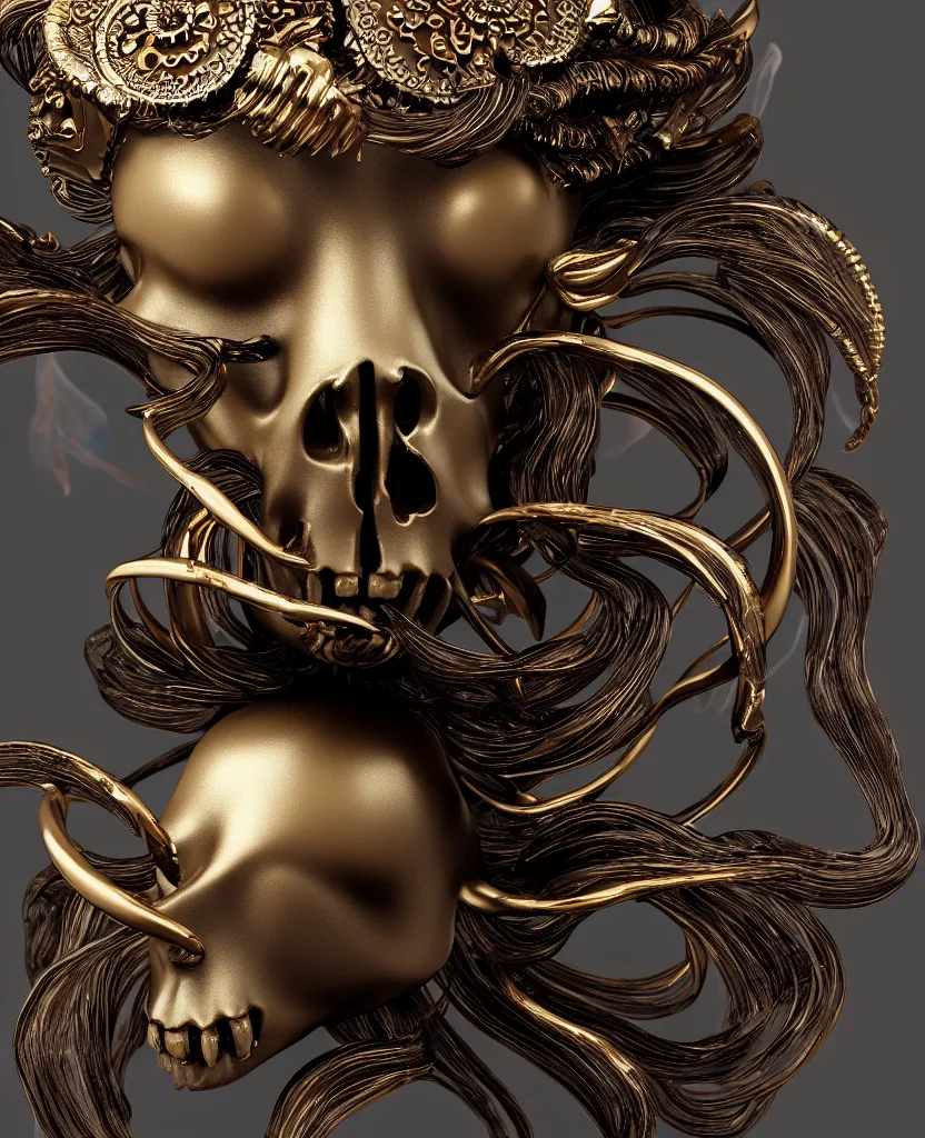 Image similar to goddess princess face close-up portrait ram skull. sculpture made of polished gold and matte obsidian. jellyfish phoenix head, nautilus, orchid, skull, betta fish, bioluminiscent creatures, intricate artwork by Tooth Wu and wlop and beeple. octane render, trending on artstation, greg rutkowski very coherent symmetrical artwork. cinematic, hyper realism, high detail, octane render, 8k