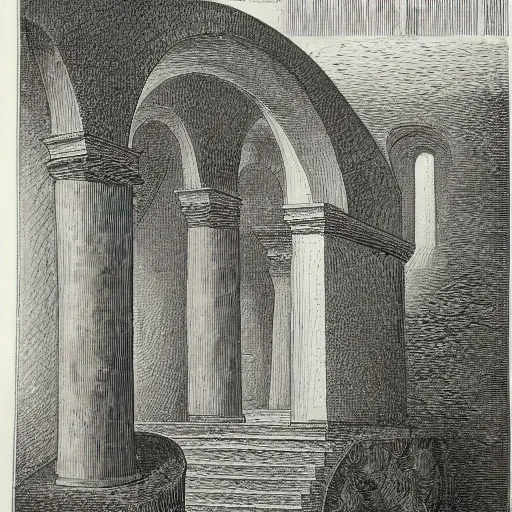 Image similar to an etching illustration of a strange underground endless stone chamber with staircases, arches, and portcullises fading into the distance, by Piranesi and M.C. Escher