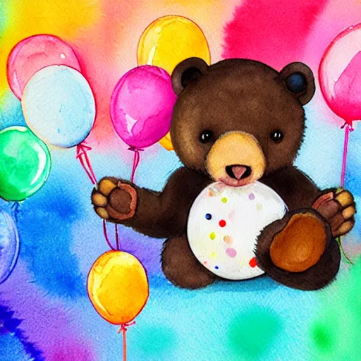 Image similar to watercolor cute animated baby bear holding birthday balloons with colorful dots, white background,