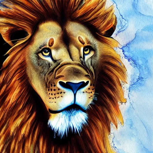 Image similar to a male lion's face breaching through a wall of water, water sprites, splashing, deep blue water color, highly detailed, realistic digital art