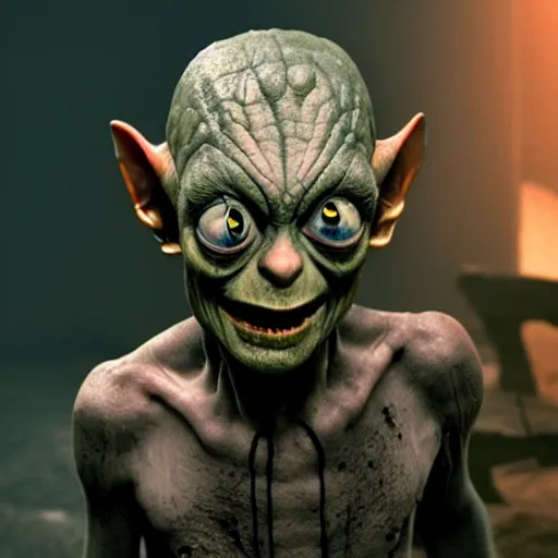 Image similar to Gollum in killer mask, with knife