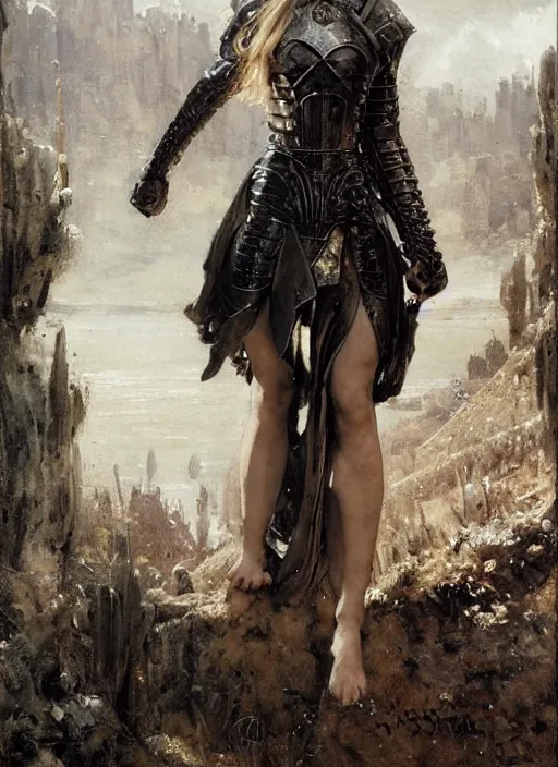 Image similar to natalie dormer wearing black medieval armour, bare legs, detailed, by gaston bussiere, bayard wu, greg rutkowski, giger, maxim verehin, greg rutkowski, masterpiece, sharp focus, cinematic lightning