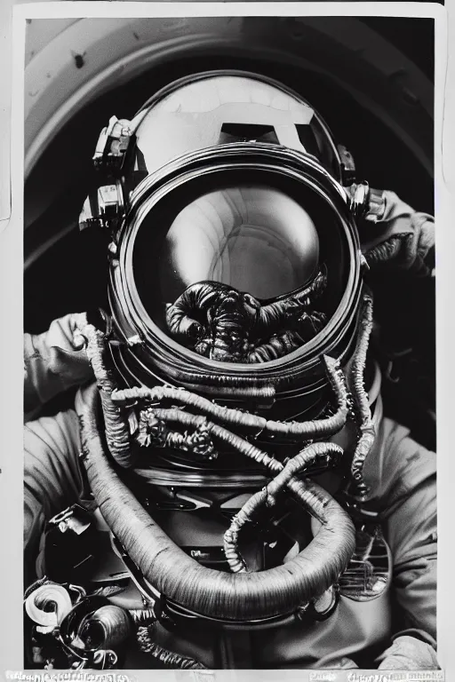 Prompt: extremely detailed studio portrait of space astronaut, alien tentacle protruding from eyes and mouth, slimy tentacle breaking through helmet visor, shattered visor, full body, soft light, disturbing, shocking realization, award winning photo by james van der zee