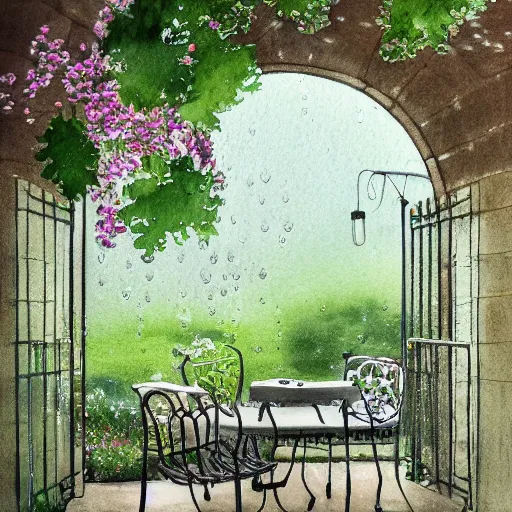 Prompt: delicate rain, toad, chairs, garden, paved, botanic watercolors, iridescent, 8 k, realistic shaded, fine details, artstation, italian, iron gate, tree, mediterranean