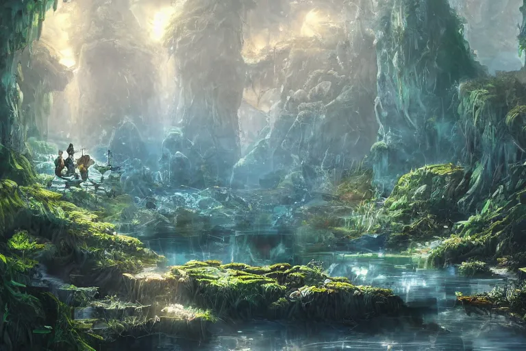 Image similar to beautiful stunning painting of a deep mysterious rocky varied cave landscape filled with large magic glowing clear crystals and filled with some ((plants)) and a small reflective pond, fantasy, digital art, realism, unreal engine, sharp, detailed, trending on artstation