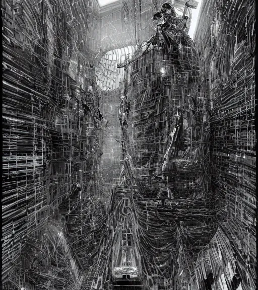 Prompt: andrei tarkovsky cyberpunk greatest scene, ancient tower of babylon, woman in transparent cyber clothing, hyperrealistic, blame, manga style, drawing by tsutomu nihei, cyber world, ambient lighting, concept art, hyper - detailed, smooth, masterpiece, epic, ray tracing, cinematic, high quality