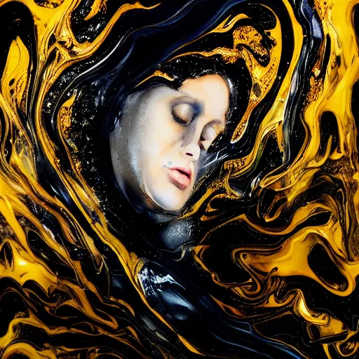 Prompt: two female bodies melting liquid acrylic painting abstract in glass and black latex fluid, black paint, female face, woman body, hypperrealistic, bokeh, long exposure, close up portrait, fantasy concept art, epic light, clouds, god rays, heaven, art noveau, artistic sketch, dark mood, film still, swirly body painting, golden filigree