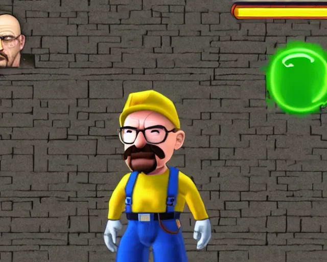 Prompt: walter white in super smash bros, screenshot, zoomed out, HD