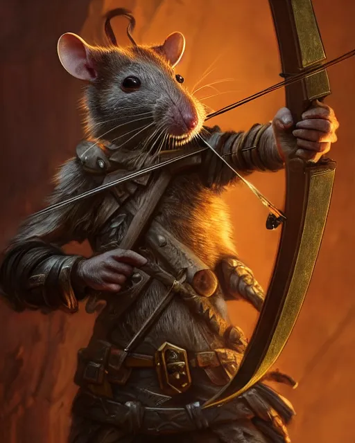 Image similar to closeup 2 8 mm anthropomorphic archer rat using a crossbow in a castle, d & d, fantasy, intricate, action pose, particle effects, highly detailed, digital painting, artstation, concept art, matte, sharp focus, volumetric lighting, illustration, hearthstone, art by artgerm, wlop, craig mullins, alphonse mucha