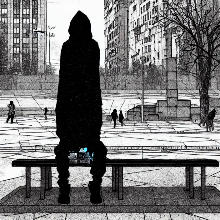 Image similar to storyboard : sadie sink in hoodie sits on bench in ruined square, pedestrians walk by, soviet monument and propaganda posters. scifi cyberpunk. by gabriel hardman. cinematic atmosphere, detailed and intricate, perfect anatomy