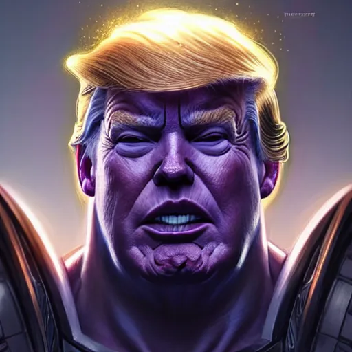 Prompt: Donald Trump as Thanos, western, D&D, fantasy, intricate, elegant, highly detailed, digital painting, artstation, concept art, matte, sharp focus, illustration, art by Artgerm and Greg Rutkowski and Alphonse Mucha