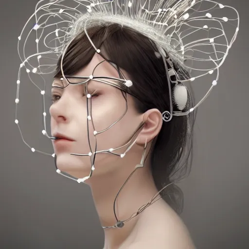 Prompt: a beautiful Futuristic portrait with hat made by wires and white flowers twisted around her face ,necklace made by wires ,design by Leonardo DaVinci , inspired by egon schiele ,modern art,baroque art jewelry , new classic,hyper realistic,cinematic composition,cinematic lighting,fashion design, concept art, hdri, 4k -