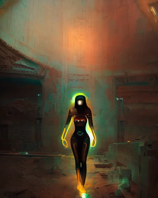 Image similar to android girl in egyptian ruins, ultra realistic, mysterious, cyborg body, atmosphere, glow, detailed, intricate, full of colour, cinematic lighting, trending on artstation, 4 k, focused, extreme details, cinematic, masterpiece, by ismail inceoglu