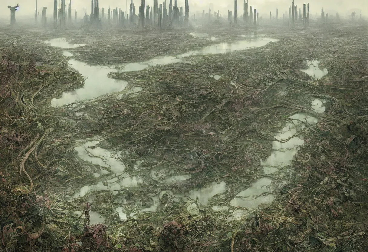 Image similar to the last patch of vegetation on earth at the edge of a futuristic megacity with sewage drains pumping sludge into the river, by daniel - by greg rutkowski and raymond swanland hr giger and zdzislaw beksinski and alphonse mucha and moebius, matte painting, hyperdetailed, symmetry, art nouveau, beautiful render, concept art