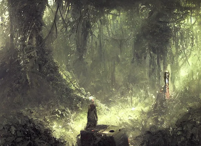 Image similar to interior shot of a lush jungle with a robot explorer navigating the harsh terrain looking away in the distance at a futuristic obelisk, masterpiece, painterly, art by artem demura, emotion, fantasy art,