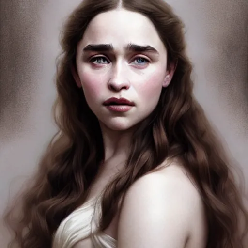 Image similar to beautiful striking Pre-Raphaelite Emilia Clarke by Artgerm and Greg Rutkowski, pale, intricate, elegant, highly detailed, digital painting