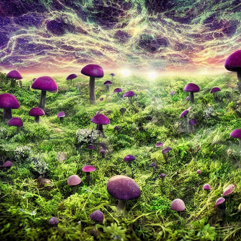 Image similar to a planet of various fungus, mushrooms, flowers and plants, inside the picture is infinity, Atmospheric, artistic photography, conceptual, long exposure outside the city, volumetric light