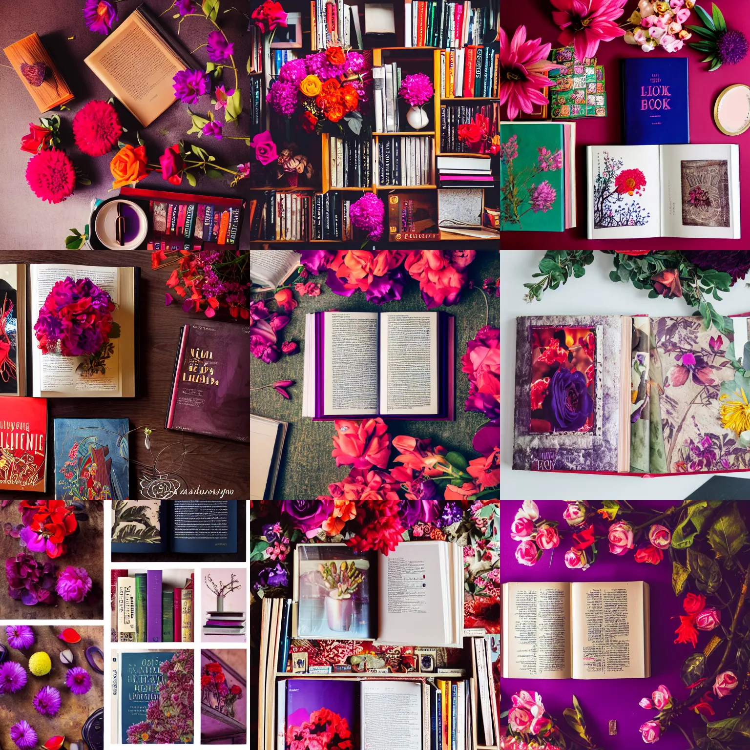 Prompt: flatlay book collection, vivid colors, dramatic lighting, red and purple flowers