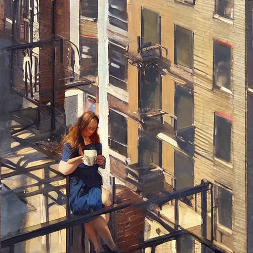 Image similar to “ a girl holding a cup of coffee sitting on a fire escape overlooking the east village in new york city, morning light, by daniel gerhartz ”