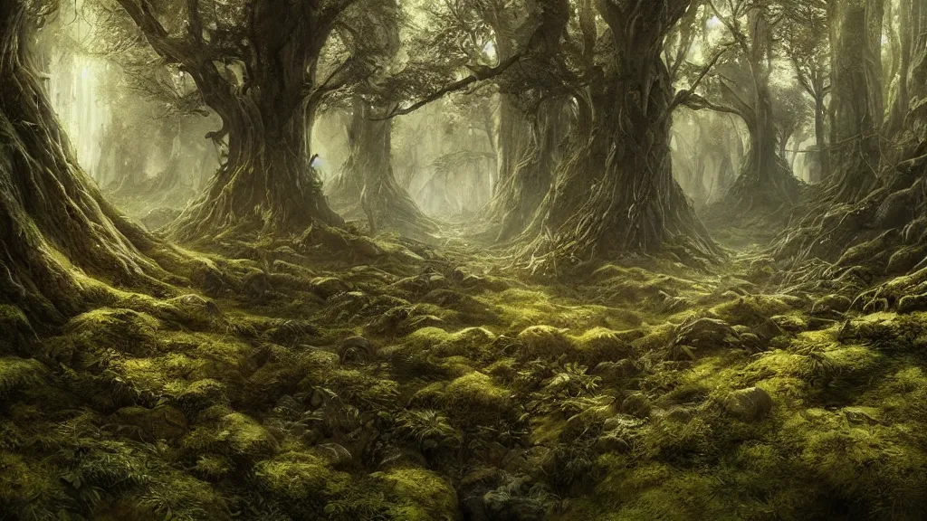 Image similar to peaceful elven forest, thick forest filled with elven warriors, by alan lee, michal karcz, smooth details, lord of the rings, game of thrones, smooth, detailed terrain, oil painting, trending artstation, concept art, fantasy matte painting