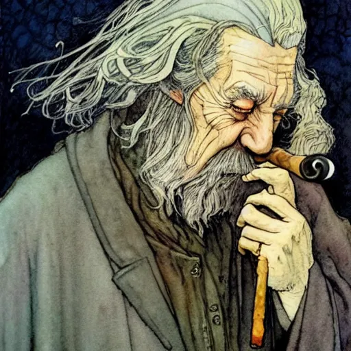 Prompt: a realistic and atmospheric watercolour fantasy character concept art portrait of gandalf with bloodshot eyes giggling and smoking a pipe looking at the camera by rebecca guay, michael kaluta, charles vess and jean moebius giraud