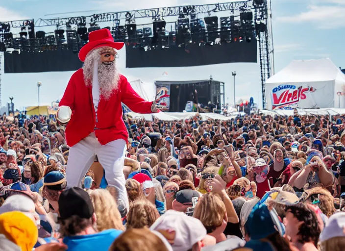 Image similar to photo still of the quaker oats man on stage at vans warped tour!!!!!!!! at age 5 5 years old 5 5 years of age!!!!!!! tossing oatmeal to the crowd, 8 k, 8 5 mm f 1. 8, studio lighting, rim light, right side key light