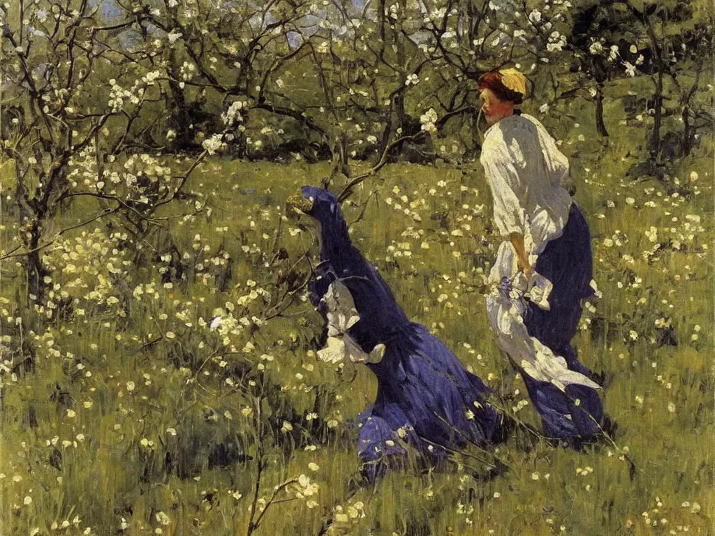 Prompt: portrait of a lady dinosaur in spring, painting by stanhope forbes, oil on canvas