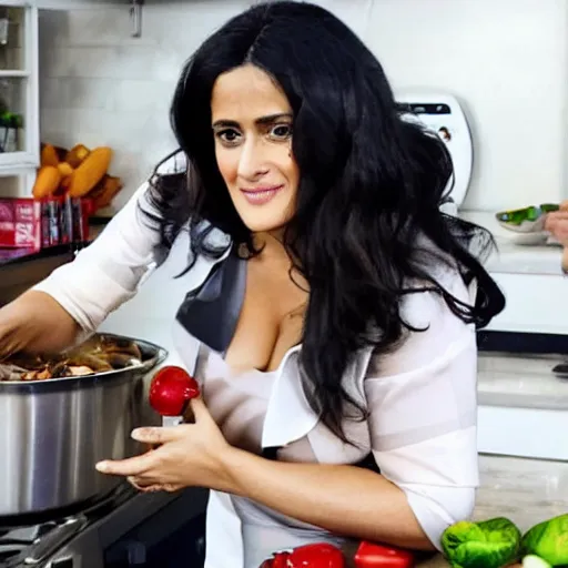 Prompt: salma hayek posing for a cooking show with food, in a kitchen