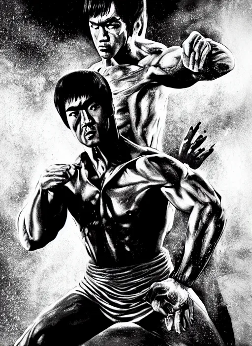 Prompt: Film poster Bruce lee fights VS cyborg terminator, full body, detailed and realistic, 4k, filmic render