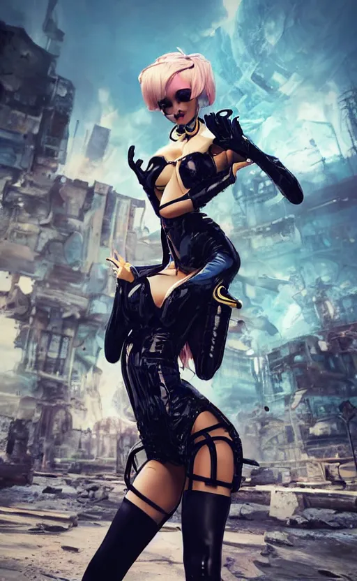 Prompt: Ultrarealist aesthetic detailed face portrait of a very beautiful dollpunk wearing Abstract tech bodysuit, in front of a ruined city, epic exquisite character art, focus, looking at camera, accurate symmetric features proportions, golden ratio, ultra intricate details, award winning, unreal render