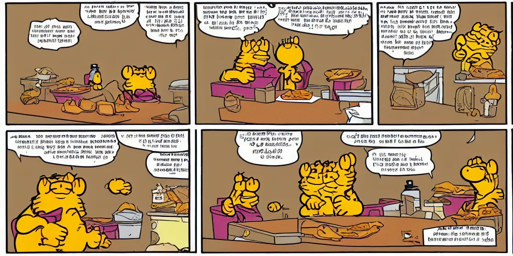 Image similar to three panel garfield comic strip about taco bell.