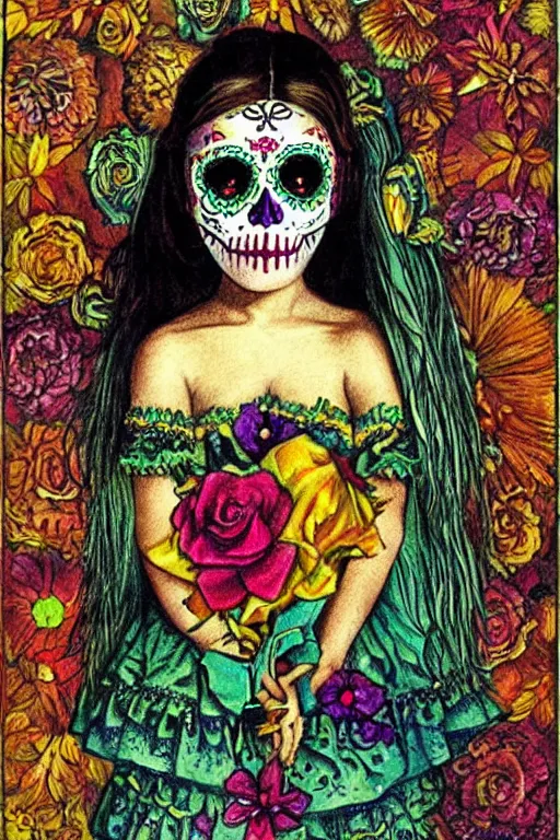 Prompt: Illustration of a sugar skull day of the dead girl, art by Arthur Hughes