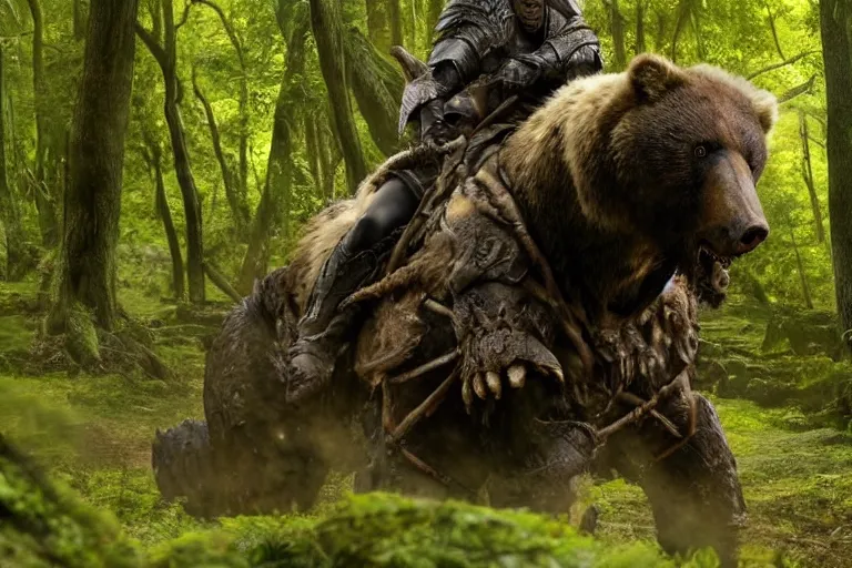 Image similar to vfx movie closeup detailed ancient armored warrior orc hunting riding large bear in the forest, natural lighting by emmanuel lubezki