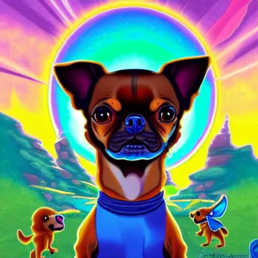 Image similar to a chihuahua with a third eye living in an extradimensional reality, in the style of goof troop, illustration, epic, fantasy, hyper detailed, smooth