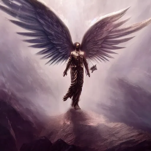 Image similar to an archangel in heavy armor descending from the clouds, artstation hall of fame gallery, editors choice, # 1 digital painting of all time, most beautiful image ever created, emotionally evocative, greatest art ever made, lifetime achievement magnum opus masterpiece, the most amazing breathtaking image with the deepest message ever painted, a thing of beauty beyond imagination or words