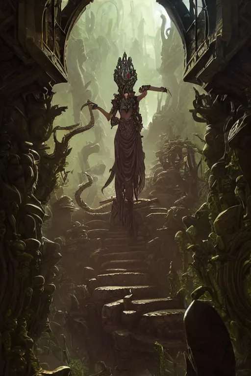 Image similar to deadly path to the crocodile god lair, menacing statues, deep focus, d & d, fantasy, intricate, elegant, highly detailed, digital painting, artstation, concept art, matte, sharp focus, illustration, hearthstone, art by artgerm and greg rutkowski and alphonse mucha