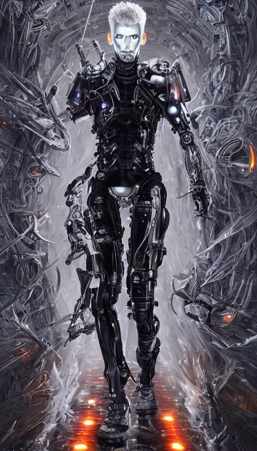 Image similar to full body head to toe portrait of a gothicpunk sci-fi cyborg netrunner bionic man, third person, D&D, sci-fi fantasy, biomatter and , intricate, black with shiny silver and orange fringe highlights, highly detailed, art by Range Murata, highly detailed, 3d, octane render, bright colors, digital painting, trending on artstation, sharp focus, illustration style of Stanley Artgerm, dramatic background