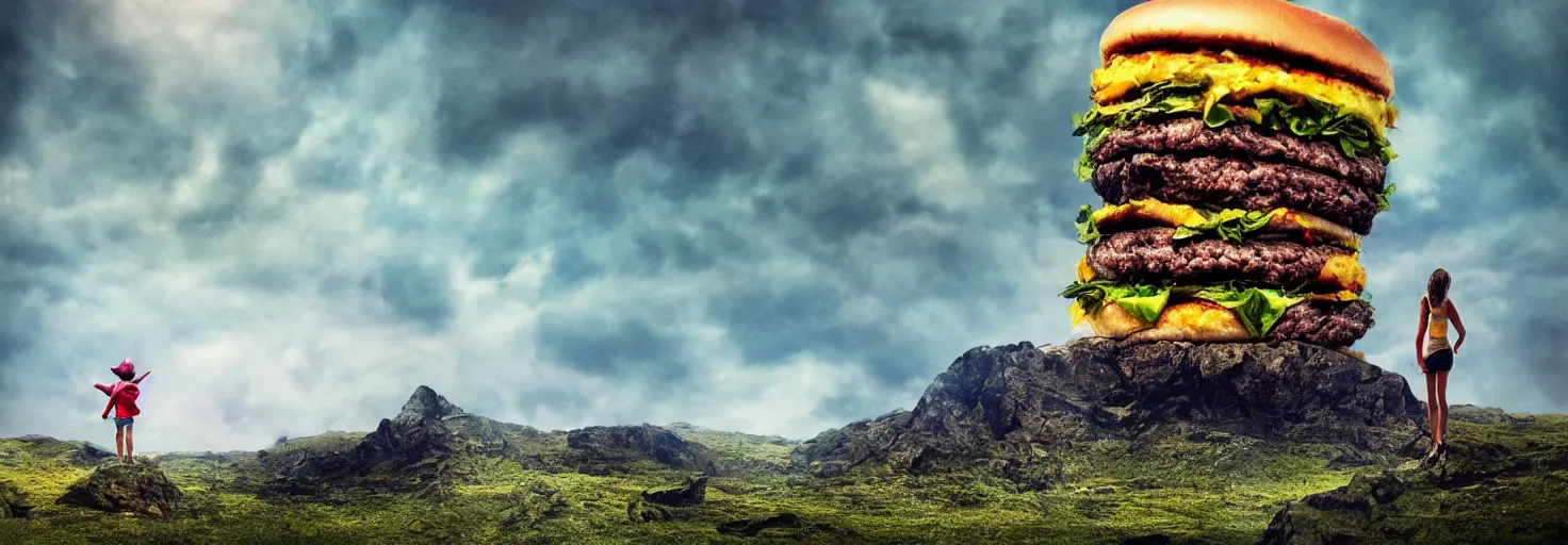 Image similar to a small figure looks up at a giant burger mountain range, megalophobia, digital art, striking, photorealistic, brightly lit, masterpiece