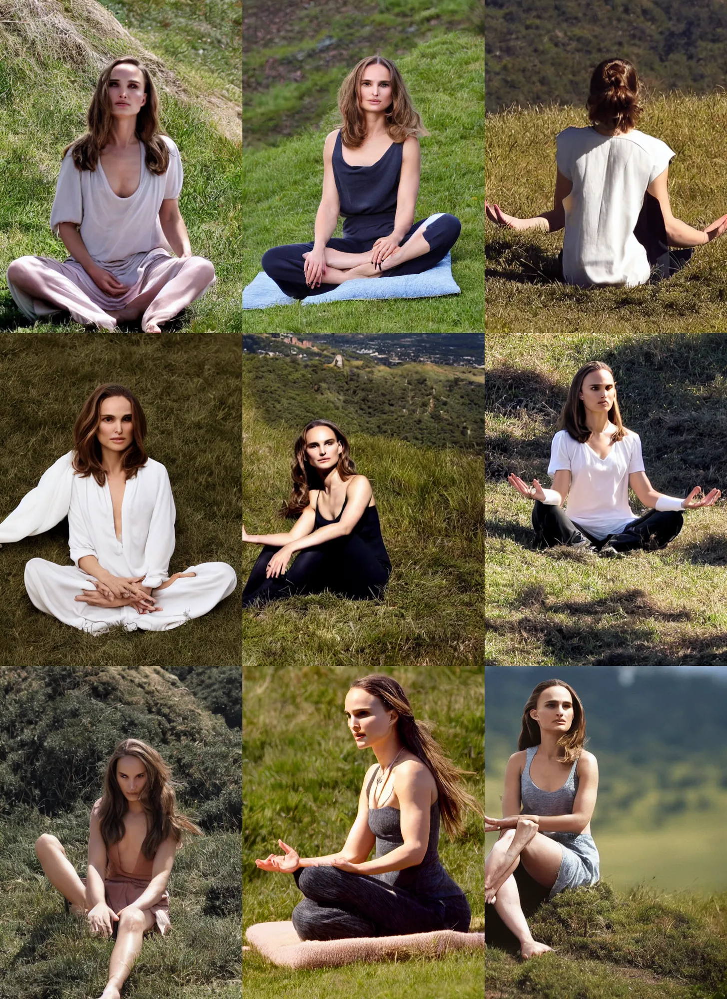 Image similar to natalie portman with extremely long hair sitting on top of a hill meditating in the morning sun